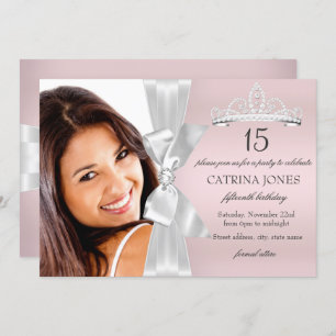 Silver Pink Diamond Bow Tiara Quinceanera Invite Kaart