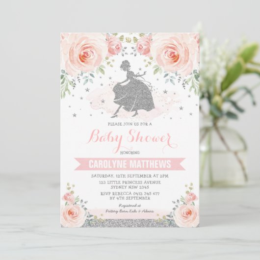 Silver Pink Floral Cinderella Princess Baby shower Kaart (Staand voorkant)