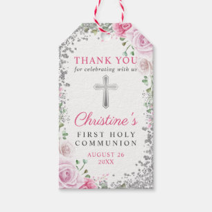 Silver Pink Floral First Heilige Communie Dank u Cadeaulabel