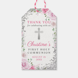 Silver Pink Floral First Heilige Communie Dank u Cadeaulabel