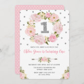 Silver Pink Floral Premier Invitation de fête d'an (Devant / Derrière)