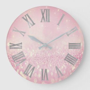 Silver Pink Glitter Blush Metallic Roman Nummers Grote Klok