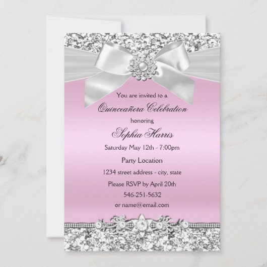 Silver Pink Glitter Jewel Bow Quinceanera Birthday Kaart (Voorkant)
