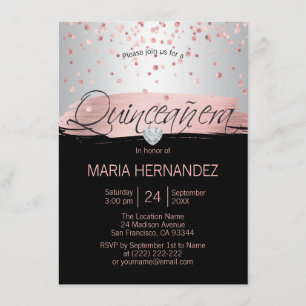 Silver Pink Rose Gold Foil Black QUINCEANERA 15 Kaart