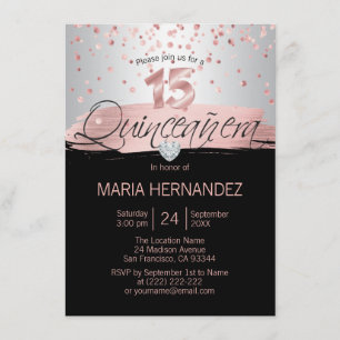 Silver Pink Rose Gold Foil Black QUINCEANERA 15 Kaart