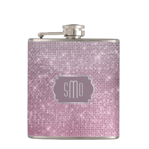 Silver Pink Star Sparkle Monogram Heupfles