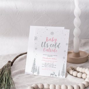 Silver & Pink Winter Wonderland Girl Baby shower Kaart