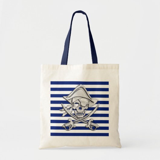 Silver Pirate over Nautical Stripes Tote Bag (Voorkant)