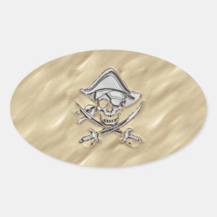 Silver Pirate Skull in het zand decor Ovale Sticker