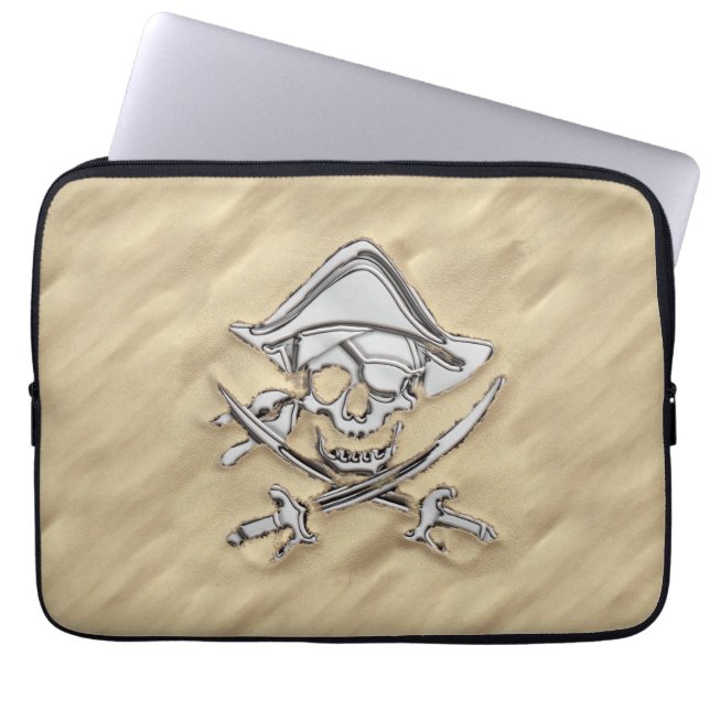 Silver Pirate Skull on the Beach Laptop Sleeve (Voorkant)