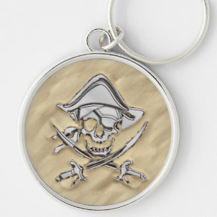 Silver Pirate Skull op strand Sleutelhanger