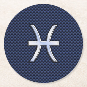 Silver Pisces Zodiac Sign Blue Carbon Fiber Print Ronde Kartonnen Onderzetter