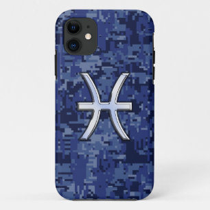 Silver Pisces Zodiac Sign Navy Blue Digital Camo iPhone 11 Hoesje