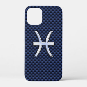 Silver Pisces Zodiac-symbool op blauw koolstof iPhone 12 Mini Hoesje