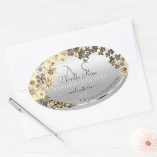Silver Product Labels Sepia Flowers met Monogram