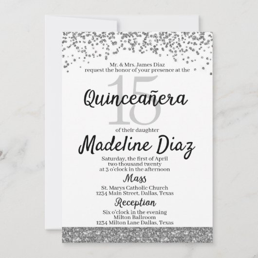 Silver Quinceanera Birthday Invitation Cumpleanos Kaart (Achterkant)