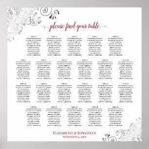 Silver & Red 22 Tafel White Wedding Seating Chart Poster