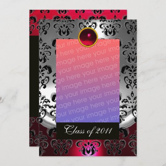 SILVER RED, BLACK DAMASK AFSTUDEREN MONOGRAM AANKONDIGING (Voorkant / Achterkant)