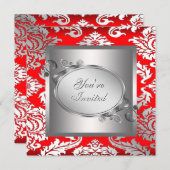 Silver Red Black Damask Party Uitnodiging (Voorkant / Achterkant)