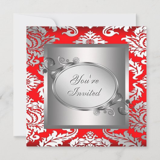 Silver Red Black Damask Party Uitnodiging (Voorkant)