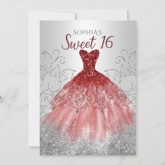 Silver Red Glitter Sparkle Dress Sweet 16-jarig Kaart (Voorkant)
