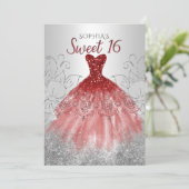 Silver Red Glitter Sparkle Dress Sweet 16-jarig Kaart (Staand voorkant)
