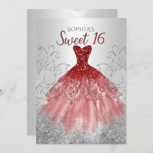 Silver Red Glitter Sparkle Dress Sweet 16-jarig Kaart (Voorkant / Achterkant)