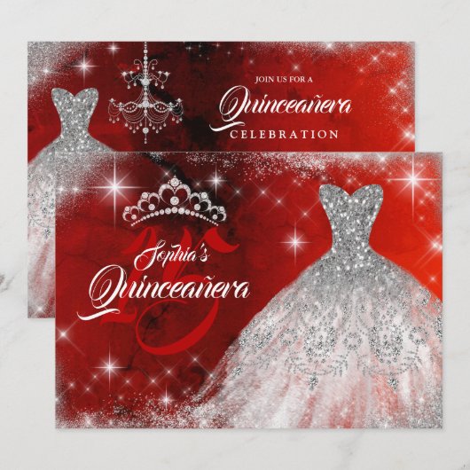Silver Red Lace Diamond Gown Tiara Quinceanera Kaart (Voorkant / Achterkant)