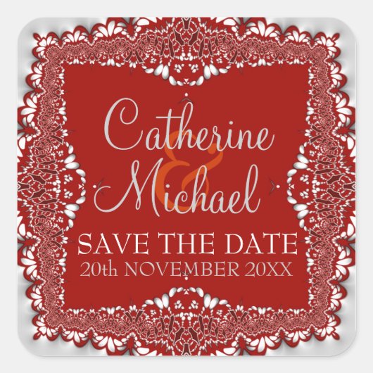 Silver+Red Lace Wedding Save the Date Sticker (Voorkant)