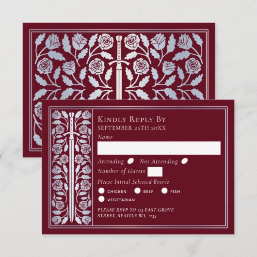 Silver Red Medieval Sword Wedding RSVP (Devant / Derrière)