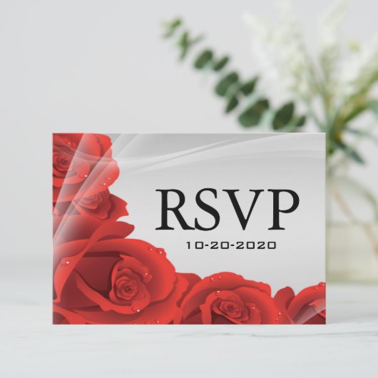Silver & Red Rose Weddenschap RSVP-reactiekaarten RSVP Kaartje (Staand voorkant)