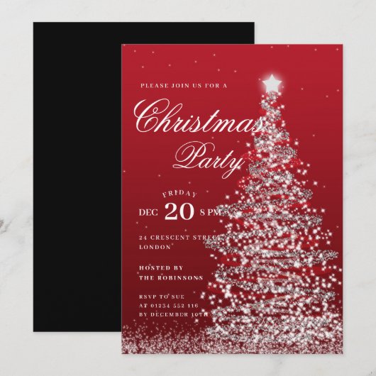 Silver Red Winter Christmas Tree Holiday Party Kaart (Voorkant / Achterkant)
