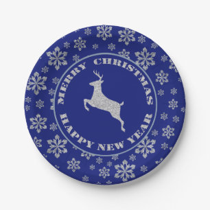Silver Reindeer Blue Snowflake Papieren Bordje