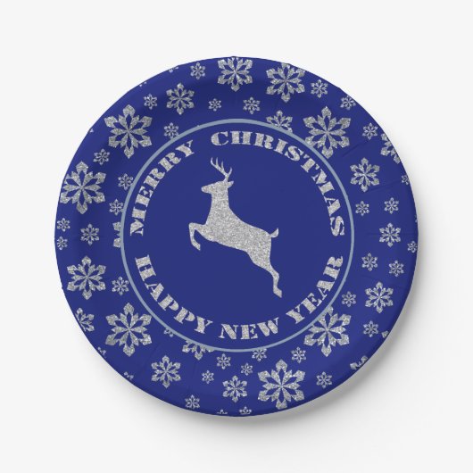 Silver Reindeer Blue Snowflake Papieren Bordje (Voorkant)