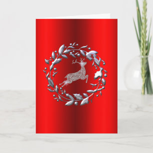 Silver Reindeer en Wreath Red Kerstmis Kaart