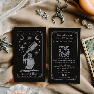 Silver Retro Celestial Tarot Nail artist QR Code Visitekaartje
