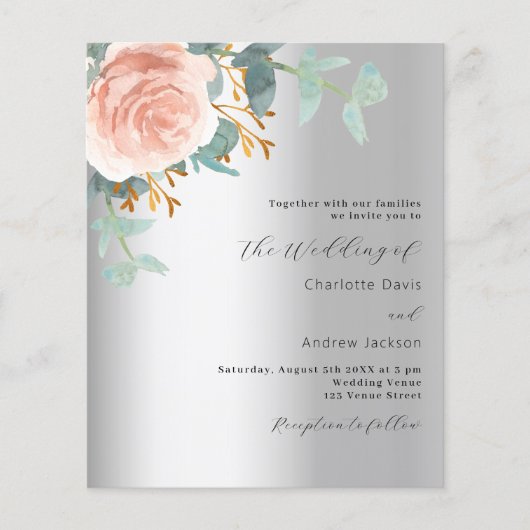 Silver roos gouden bloemenbudget bruiloft uitnodig (Voorkant)