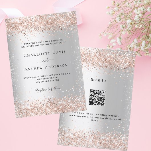 Silver roos gouden QR code RSVP details bruiloft Kaart