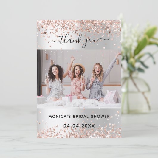 Silver roos vrijgezellenfeest foto bedankt kaart (Staand voorkant)