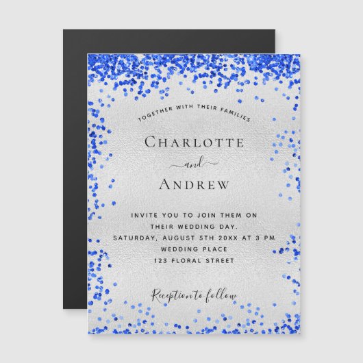 Silver royal blue bruiloft nodigmagnet (Voorkant / Achterkant)