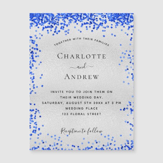 Silver royal blue bruiloft nodigmagnet (Voorkant)