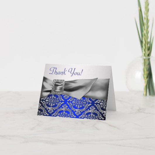 Silver Royal Blue Damask Dank u Bedankkaart (Voorkant)