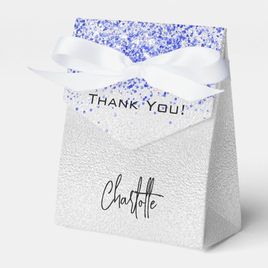 Silver royal blue glitter sparkles name bedankdoosjes (Voorkant Zijde)