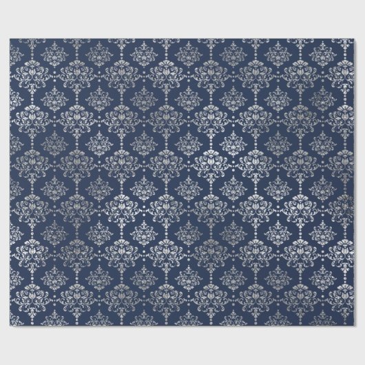 Silver Royal Blue Navy Gray Floral Damask Vip Cadeaupapier (Vlak)