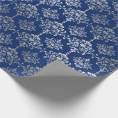 Silver Royal Blue Navy Gray Floral Damask Vip Cadeaupapier (Hoek)