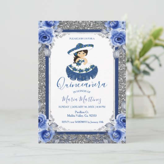  Silver Royal Blue Rozen Quinceanera  Kaart (Staand voorkant)