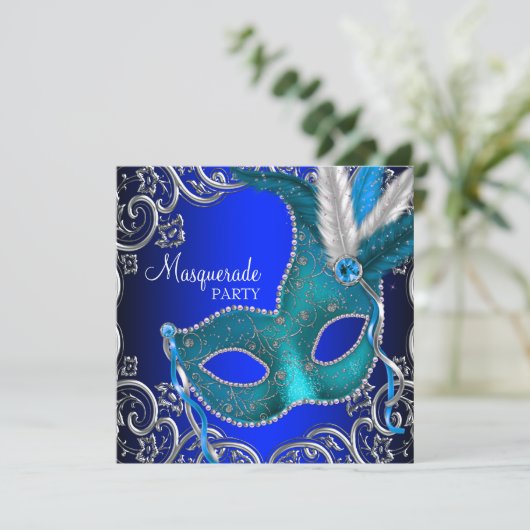 Silver Royal en Blauwgroen Blue Masquerade Party Kaart (Staand voorkant)
