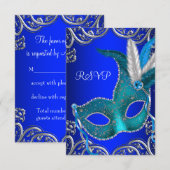 Silver Royal en Blauwgroen Blue Masquerade Party R RSVP Kaartje (Voorkant / Achterkant)