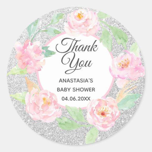 Silver & Roze Floral Hartelijk dank Baby shower Ronde Sticker (Voorkant)