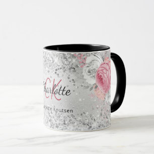 Silver roze florals elegant monogram mok